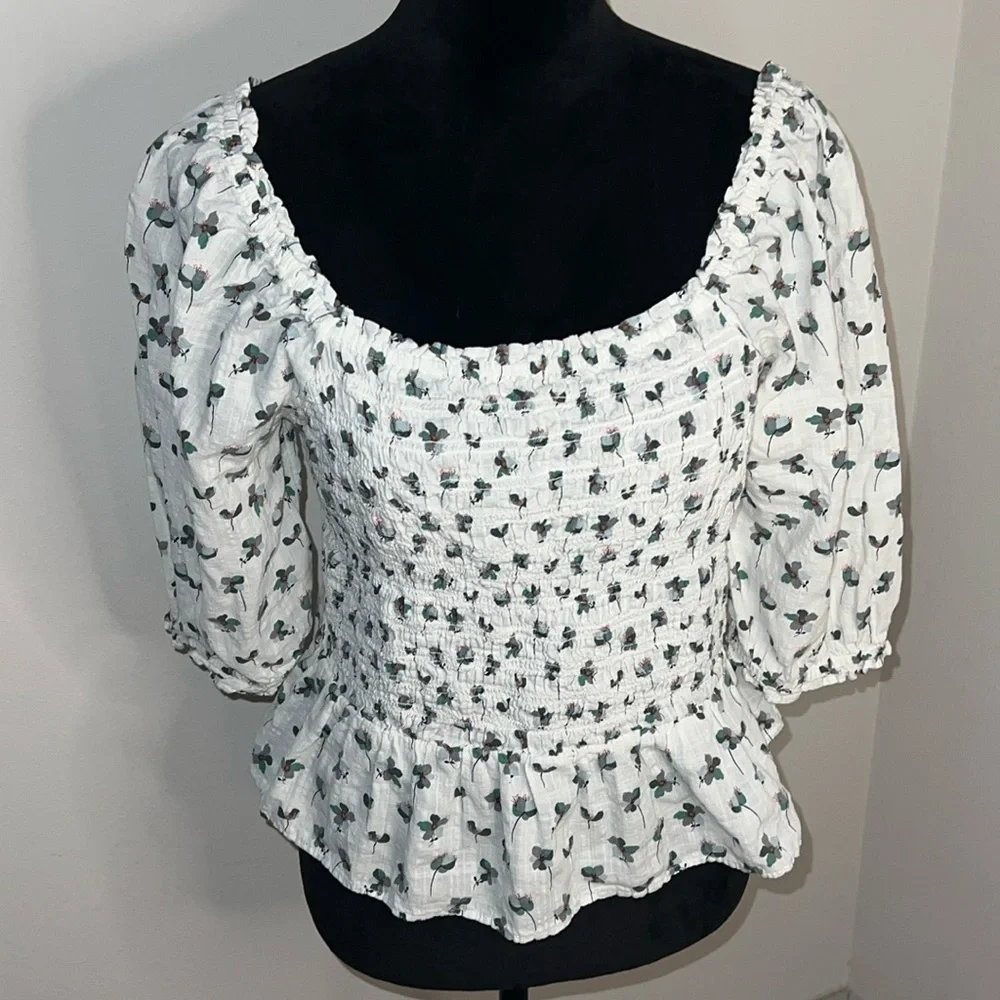 LOFT smocked peplum puff‎ sleeves white green floral top Sz L